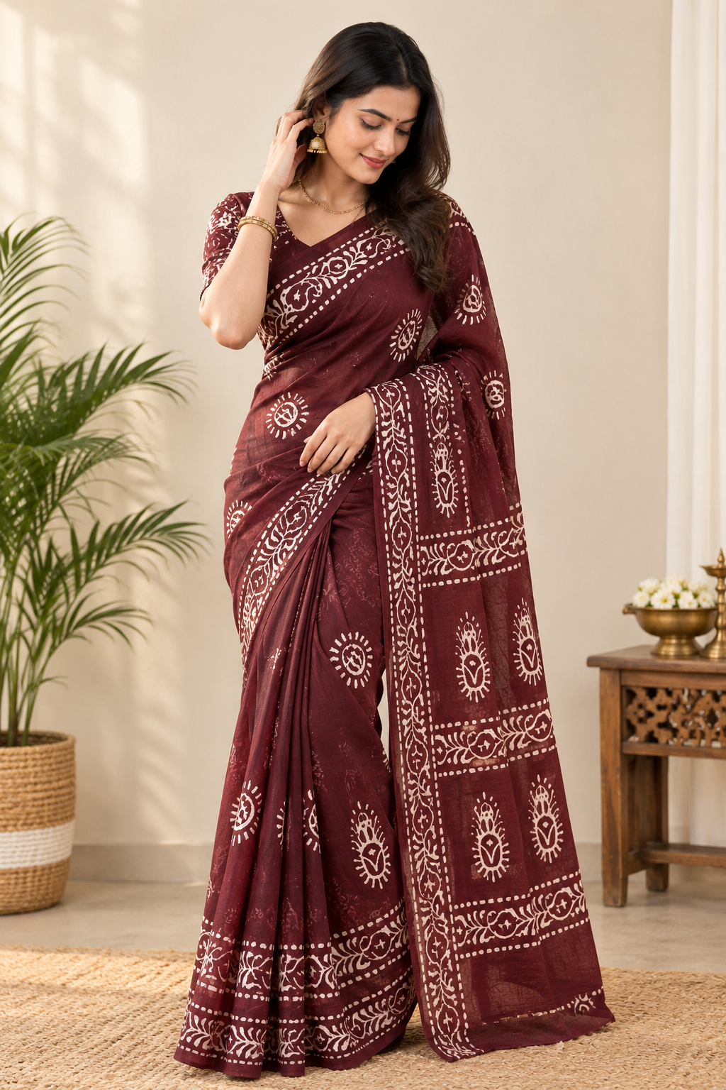 Women's Maroon Batik Printed Cotton Saree with Designer Border