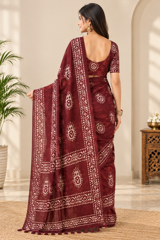 Women's Maroon Batik Printed Cotton Saree with Designer Border