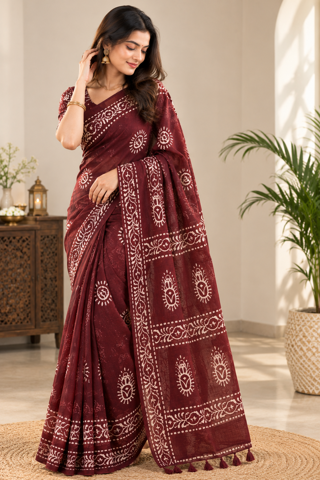 Women's Maroon Batik Printed Cotton Saree with Designer Border