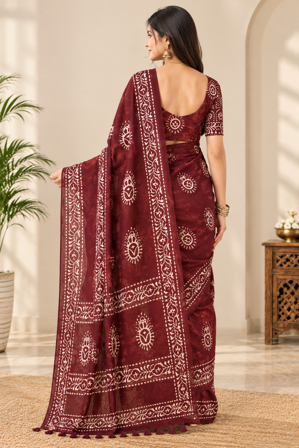 Women's Maroon Batik Printed Cotton Saree with Designer Border