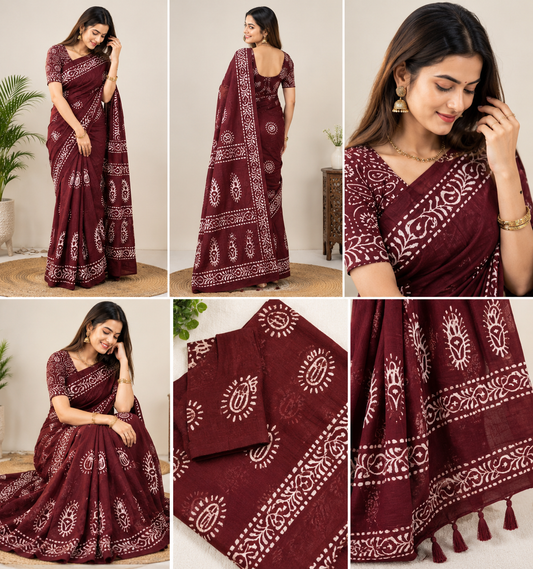 Women's Maroon Batik Printed Cotton Saree with Designer Border